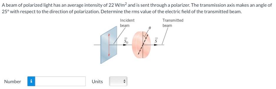 A Beam Of Polarized Light Has An Average Intensity Of 22 W M2 And Is Sent Through A Polarizer The Transmission Axis Mak 1