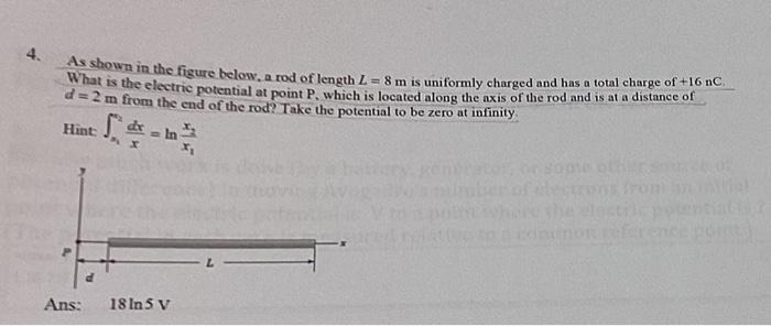 4 As Shown In The Figure Below A Rod Of Length L 8 M Is Uniformly Charged And Has A Total Charge Of 16nc What Is Th 1