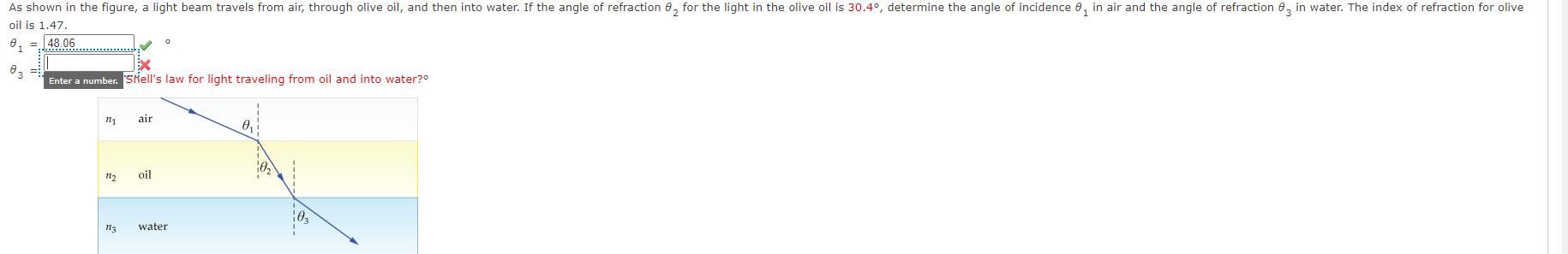 As Shown In The Figure A Light Beam Travels From Air Through Olive Oil And Then Into Water If The Angle Of Refractio 1