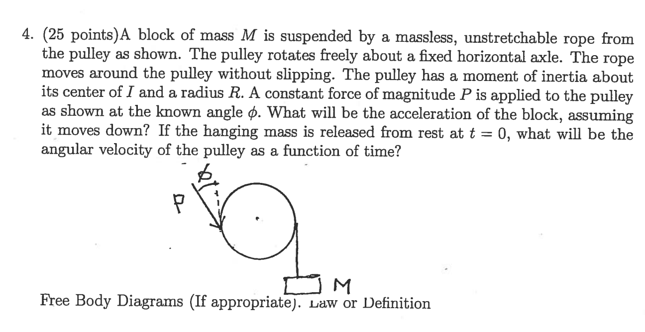 4 25 Points A Block Of Mass M Is Suspended By A Massless Unstretchable Rope From The Pulley As Shown The Pulley Rota 1