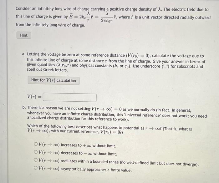 Consider An Infinitely Long Wire Of Charge Carrying A Positive Charge Density Of The Electric Field Due To 2 This Line 1