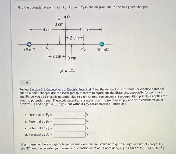 Find The Potential At Points P P2 P3 And Pa In The Diagram Due To The Two Given Charges Pa T 3 Cm 4 Cm 4 Cm 2cm 1