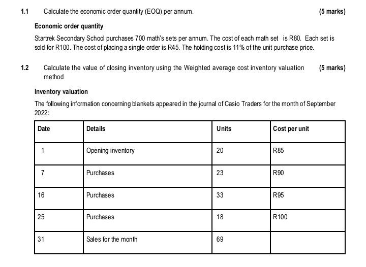 1 1 Calculate The Economic Order Quantity E0q Per Annum 5 Marks Economic Order Quantity Startrek Secondary School P 1