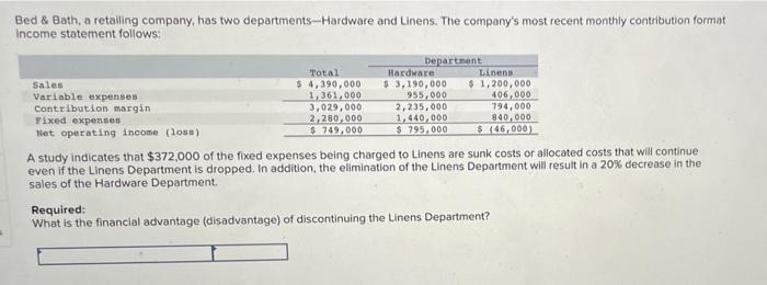 Bed Bath A Retailing Company Has Two Departments Hardware And Linens The Company S Most Recent Monthly Contribution 1