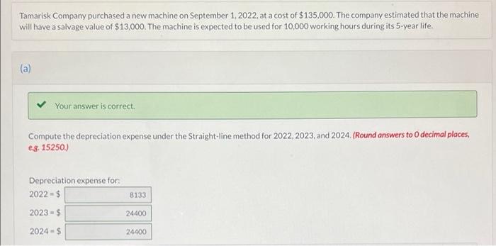 Tamarisk Company Purchased A New Machine On September 1 2022 At A Cost Of 135 000 The Company Estimated That The Mac 1