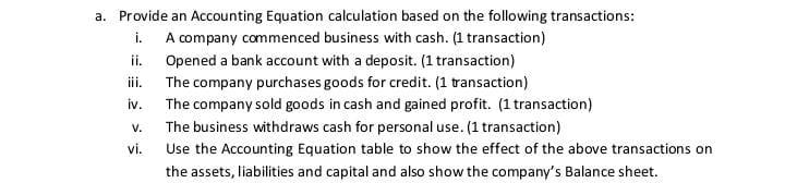 A Provide An Accounting Equation Calculation Based On The Following Transactions I A Company Commenced Business With 1