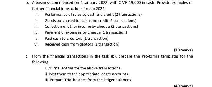 V B A Business Commenced On 1 January 2022 With Omr 19 000 In Cash Provide Examples Of Further Financial Transaction 1