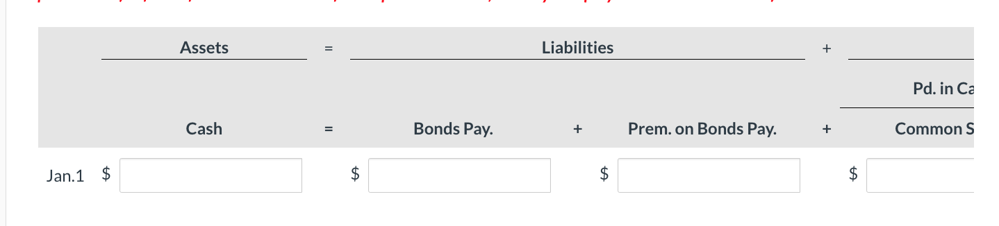 Assets Liabilities Pd In Ca Cash Bonds Pay Prem On Bonds Pay Commons Jan 1 Prepare A Tabular Summary 1