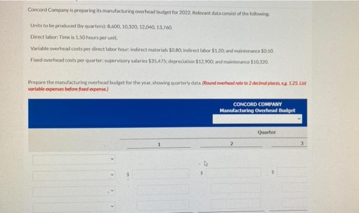 Concord Company Is Preparing Its Manufacturing Overhead Budget For 2022 Relevant Data Consist Of The Following Units To 1