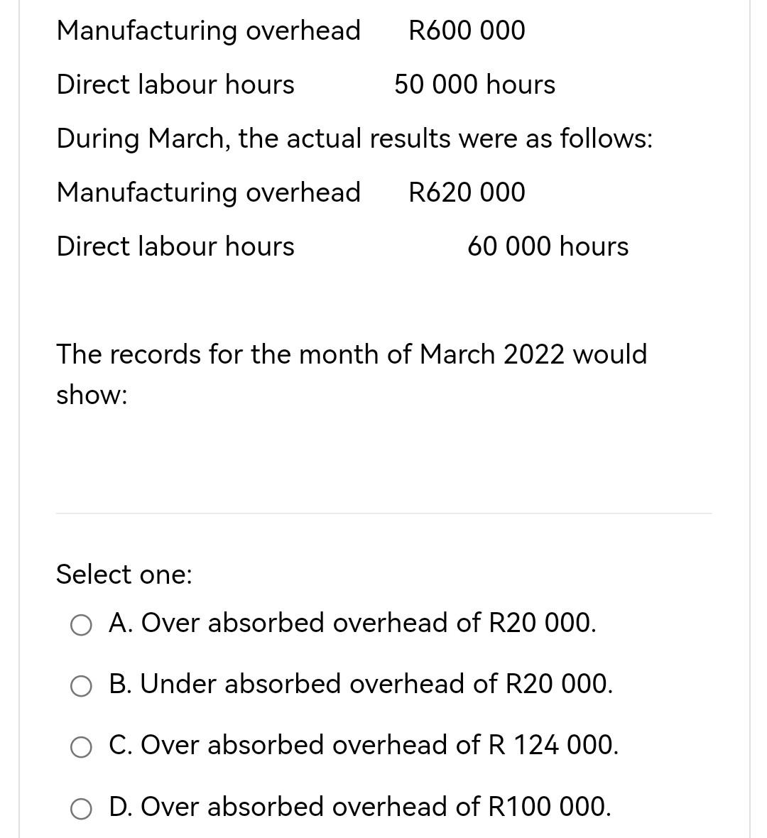Manufacturing Overhead R600 000 Direct Labour Hours 50 000 Hours During March The Actual Results Were As Follows Manuf 1