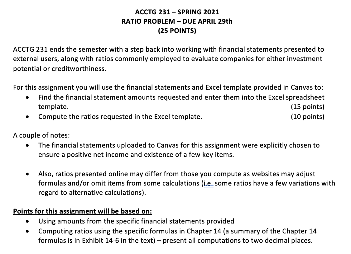 Acctg 231 Spring 2021 Ratio Problem Due April 29th 25 Points Acctg 231 Ends The Semester With A Step Back Into Worki 1
