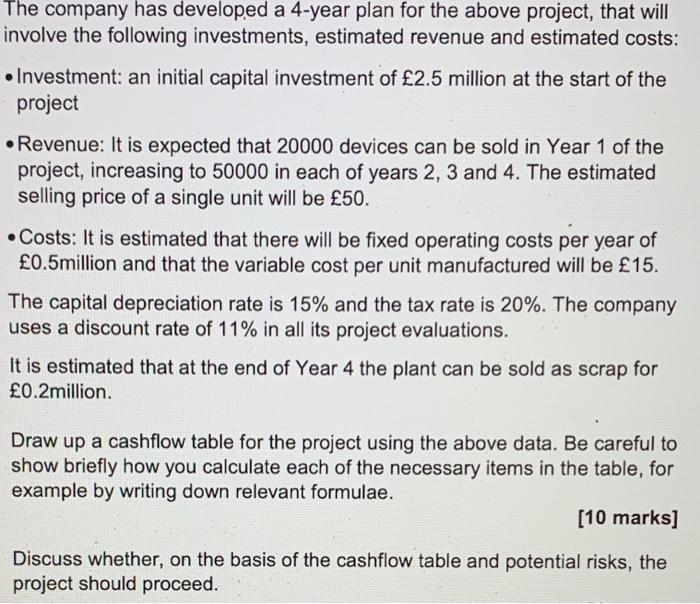 The Company Has Developed A 4 Year Plan For The Above Project That Will Involve The Following Investments Estimated Re 1