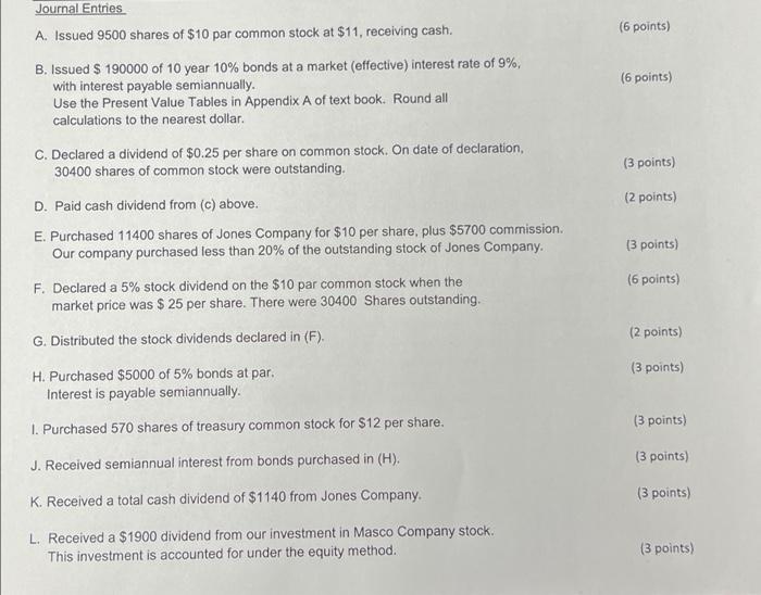 Journal Entries 6 Points A Issued 9500 Shares Of 10 Par Common Stock At 11 Receiving Cash 6 Points B Issued 1