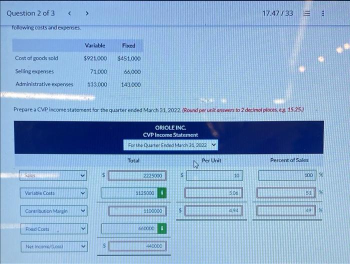 Question 2 Of 3 17 47 33 E 1 Following Costs And Expenses Variable Fixed 921 000 451 000 Cost Of Goods Sold Selli 1