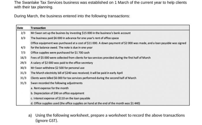 The Swanlake Tax Services Business Was Established On 1 March Of The Current Year To Help Clients With Their Tax Plannin 1