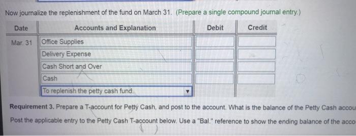 Now Joumalize The Replenishment Of The Fund On March 31 Prepare A Single Compound Journal Entry Date Accounts And Exp 1
