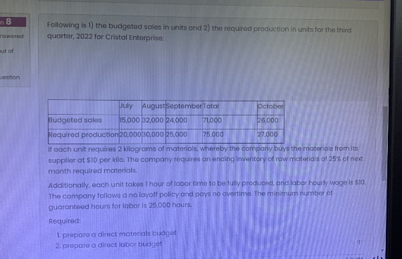 N8 Following Is 1 The Budgeted Sales In Units And 2 The Required Production In Units For The Third Quarter 2022 For C 1