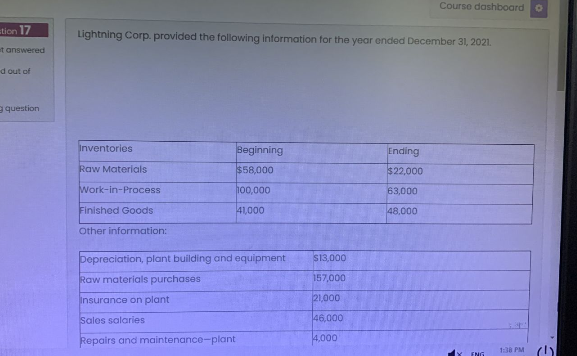 Course Dashboard Stion 17 Lightning Corp Provided The Following Information For The Year Ended December 31 2021 Et An 1