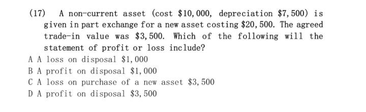 17 A Non Current Asset Cost 10 000 Depreciation 7 500 Is Given In Part Exchange For A New Asset Costing 20 500 1