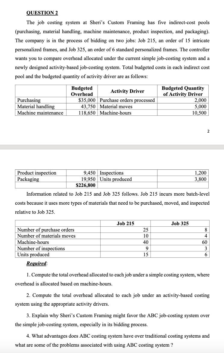 Question 2 The Job Costing System At Sheri S Custom Framing Has Five Indirect Cost Pools Purchasing Material Handling 1