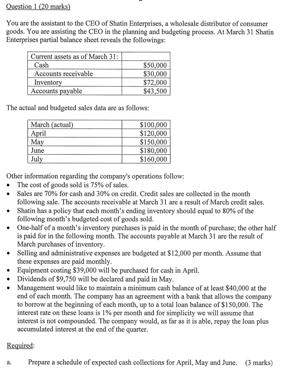 Question 1 20 Marks You Are The Assistant To The Ceo Of Shatin Enterprises A Wholesale Distributor Of Consumer Goods 1