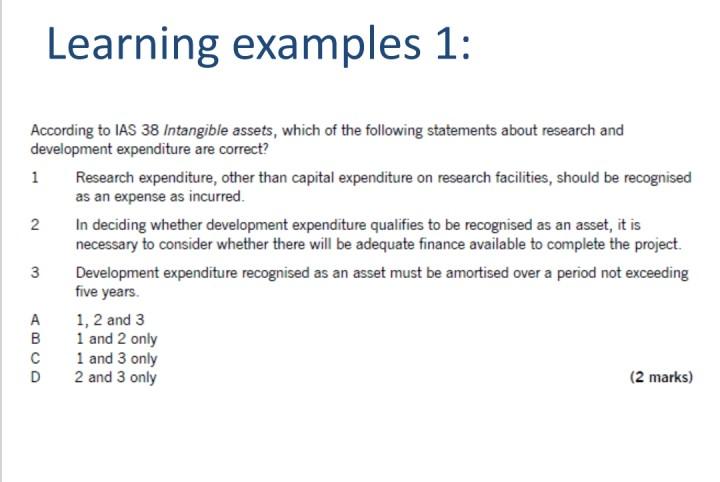 Learning Examples 1 According To Ias 38 Intangible Assets Which Of The Following Statements About Research And Develop 1