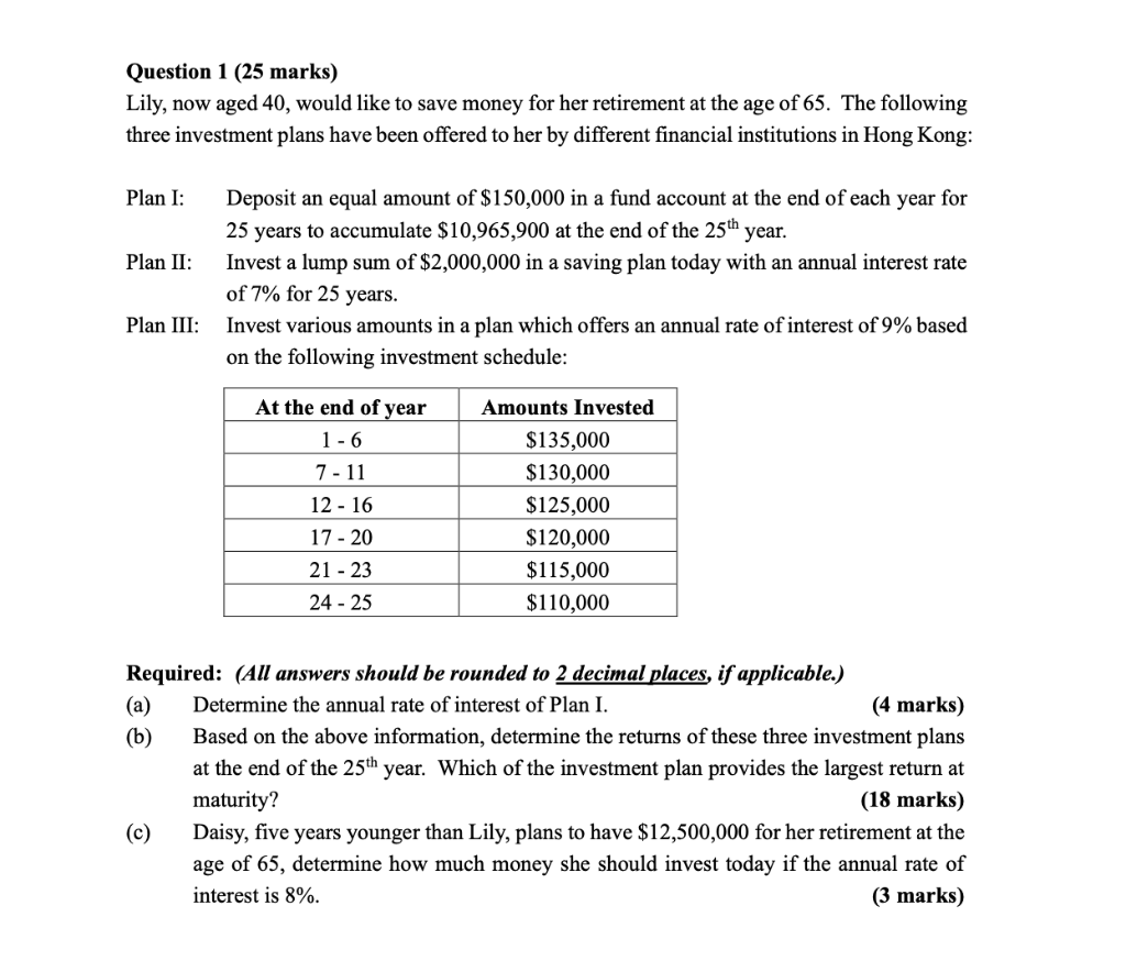 Question 1 25 Marks Lily Now Aged 40 Would Like To Save Money For Her Retirement At The Age Of 65 The Following Thr 1