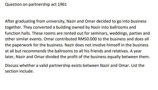 Question On Partnership Act 1961 After Graduating From University Nazir And Omar Decided To Go Into Business Together 1