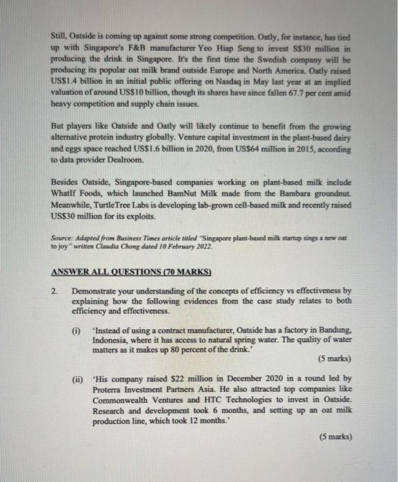 Section B Case Study Analysis 70 Marks Oatside Singapore Plant Based Milk Startup Interest In Alternative And Sustai 2