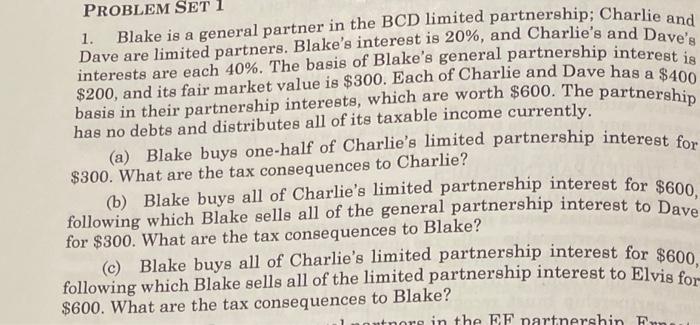Problem Set 1 Blake Is A General Partner In The Bcd Limited Partnership Charlie And Interests Are Each 40 The Basis 1