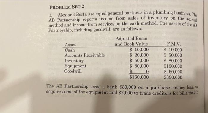Problem Set 2 1 Alex And Berta Are Equal General Partners In A Plumbing Business The Ab Partnership Reports Income Fro 1