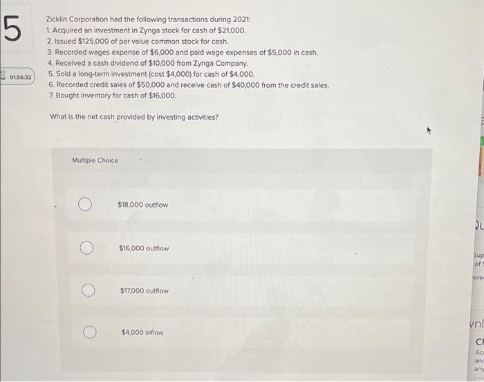 5 Zicklin Corporation Had The Following Transactions During 2021 1 Acquired An Investment In Zynga Stock For Cash Of 1