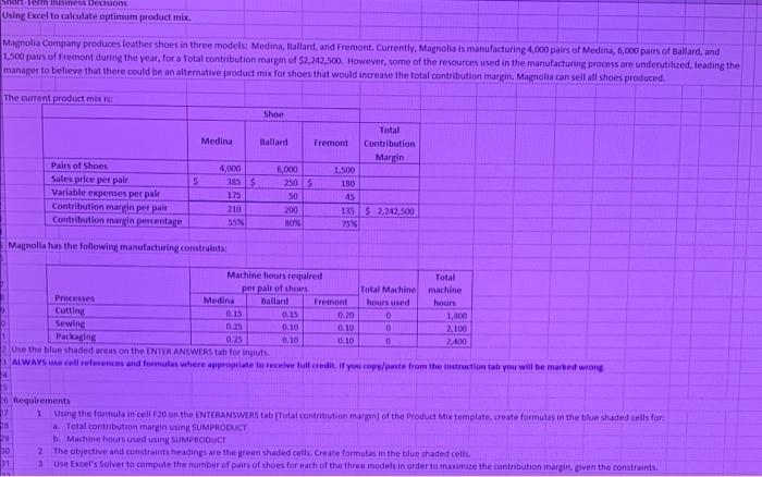Using Excel To Calculate Optimum Product Mix Magnolia Company Produces Leather Shoes In Three Models Medina Ballard 1