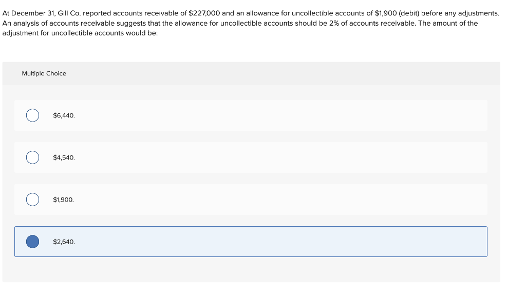 At December 31 Gill Co Reported Accounts Receivable Of 227 000 And An Allowance For Uncollectible Accounts Of 1 900 1