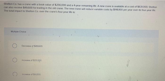 Shelton Co Has A Crane With A Book Value Of 256 000 And A 4 Year Remaining Life A New Crane Is Available At A Cost Of 1