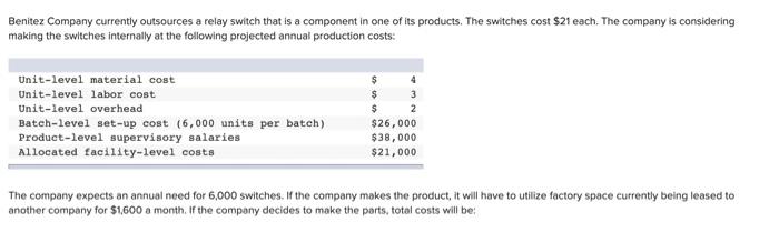 Benitez Company Currently Outsources A Relay Switch That Is A Component In One Of Its Products The Switches Cost 21 Ea 1