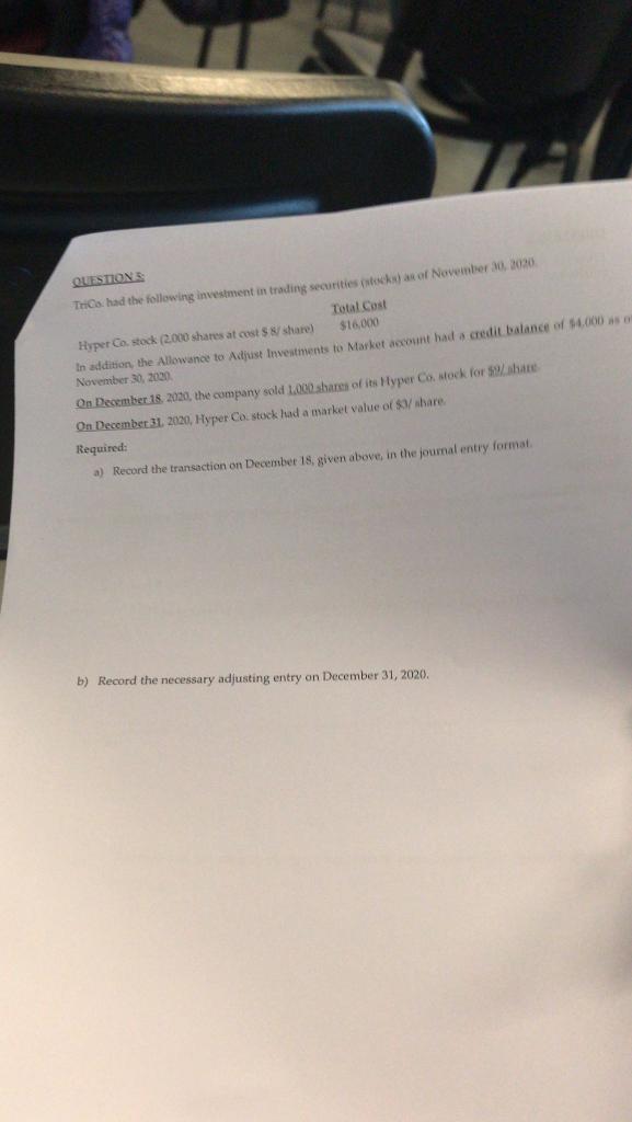 Questions Thico Had The Following Investment In Trading Securities Stocks As Of November 30 2000 Total Cost Hyper Cost 1