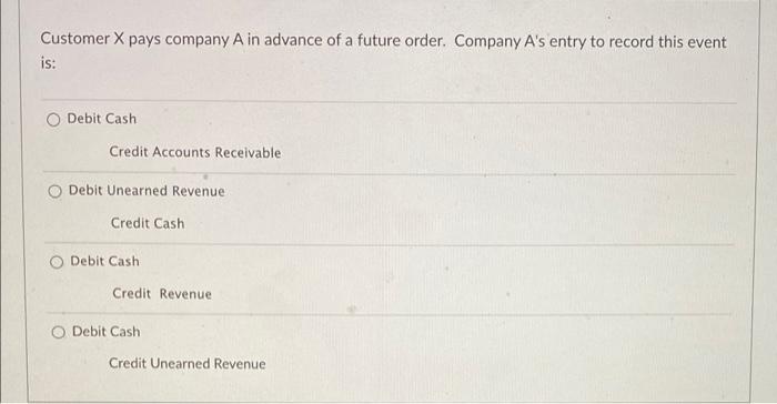 Customer X Pays Company A In Advance Of A Future Order Company A S Entry To Record This Event Is Debit Cash Credit Acc 1
