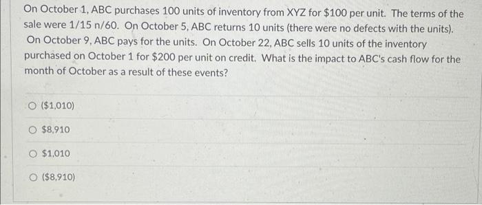On October 1 Abc Purchases 100 Units Of Inventory From Xyz For 100 Per Unit The Terms Of The Sale Were 1 15 N 60 On 1