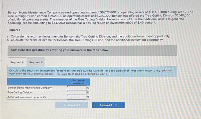 Benson Home Maintenance Company Earned Operating Income Of 6 073 600 On Operating Assets Of 58 400 000 During Year 2 1