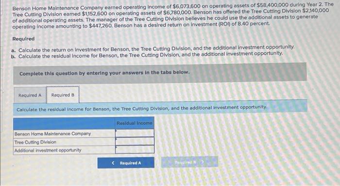Benson Home Maintenance Company Earned Operating Income Of 6 073 600 On Operating Assets Of 58 400 000 During Year 2 2