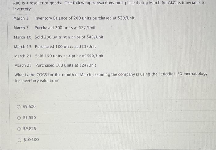Abc Is A Reseller Of Goods The Following Transactions Took Place During March For Abc As It Pertains To Inventory Marc 1
