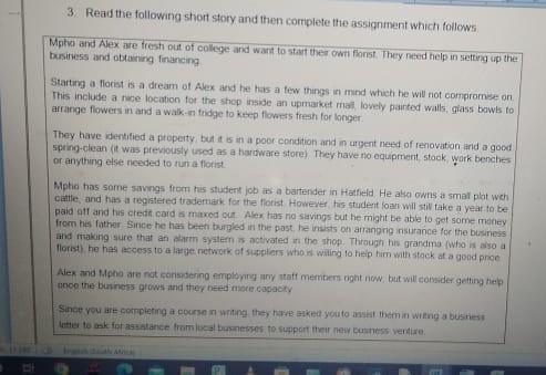 3 Read The Following Short Story And Then Complete The Assignment Which Follows Mpho And Alex Are Fresh Out Of College 1