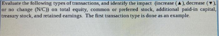 Evaluate The Following Types Of Transactions And Identify The Impact Increase A Decrease V Or No Change N C On 1