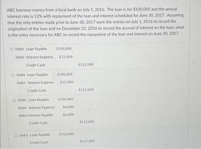 Abc Borrows Money From A Local Bank On July 1 2016 The Loan Is For 100 000 And The Annual Interest Rate Is 12 With R 1