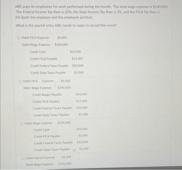 Abc Pays Its Employees For Work Performed During The Month The Total Wage Expense Is 100 000 The Federal Income Tax R 1