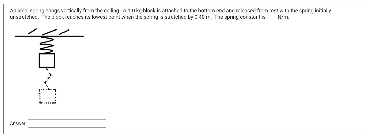 An Ideal Spring Hangs Vertically From The Ceiling A 1 0 Kg Block Is Attached To The Bottom End And Released From Rest W 1