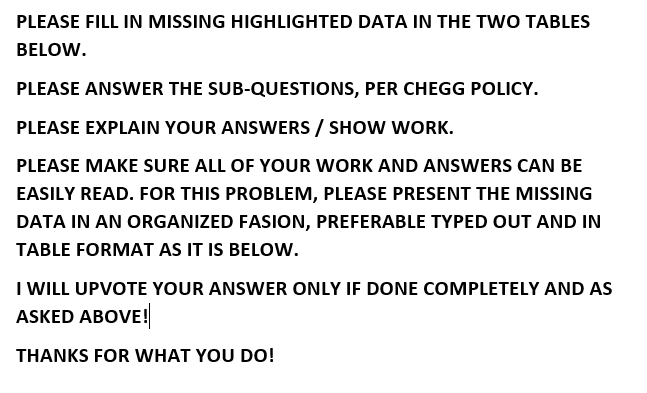 Please Fill In Missing Highlighted Data In The Two Tables Below Please Answer The Sub Questions Per Chegg Policy Plea 1