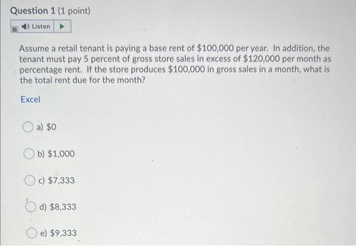 Question 1 1 Point Listen Assume A Retail Tenant Is Paying A Base Rent Of 100 000 Per Year In Addition The Tenant M 1