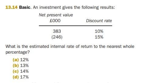 13 14 Basic An Investment Gives The Following Results Net Present Value 000 Discount Rate 383 10 246 15 What Is T 1